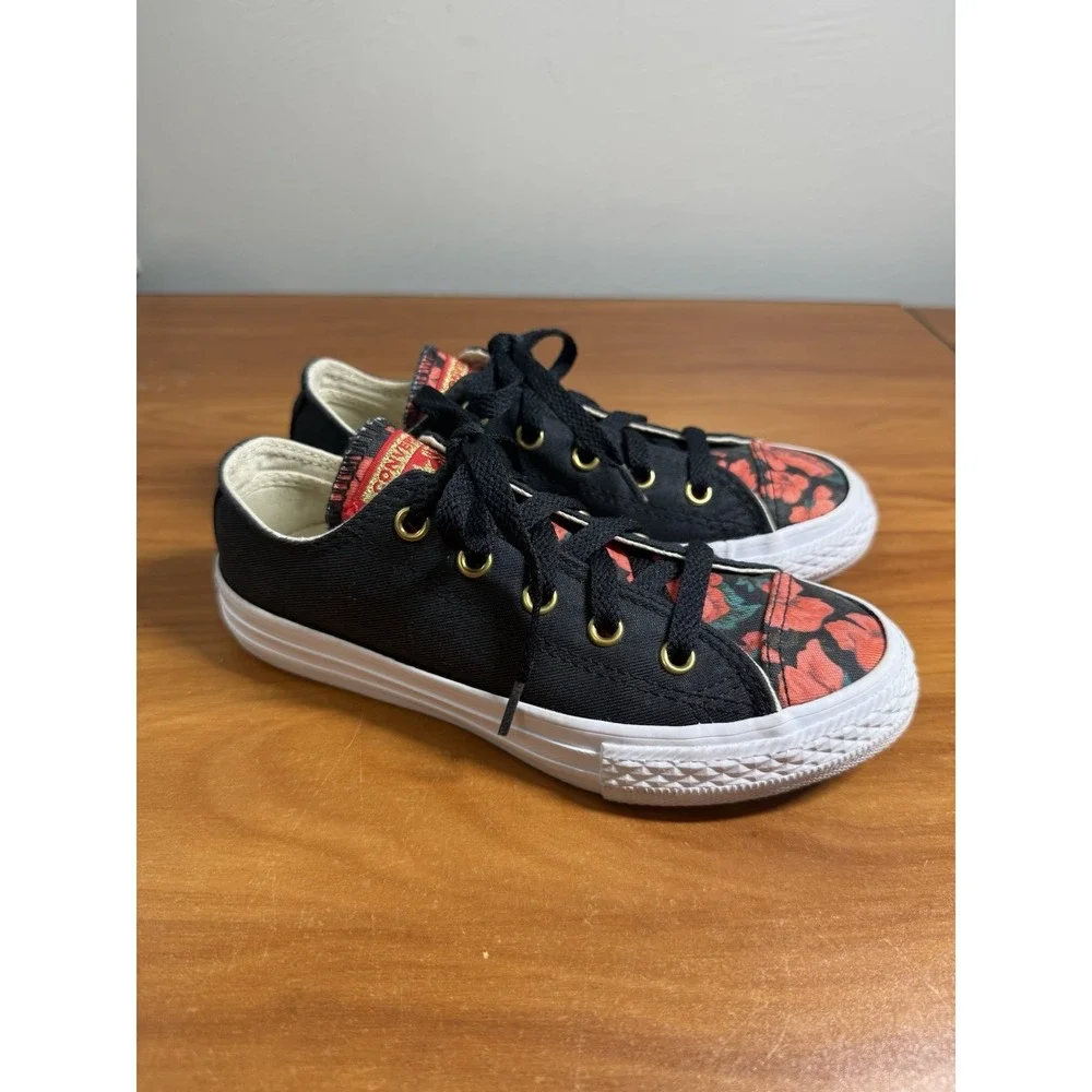Converse All Star Low Top Youth Size 13 Floral Black Gold Eyelet Sneakers Shoes